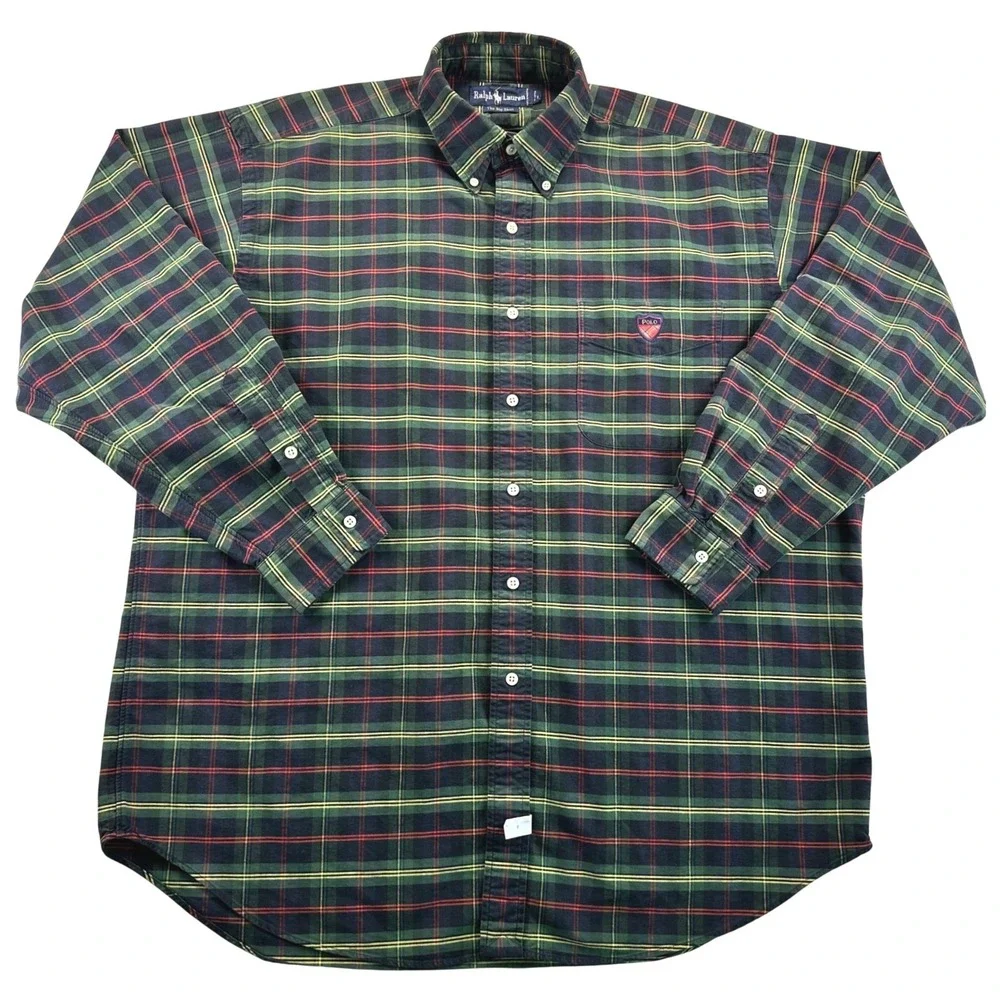 VTG Ralph Lauren The Big Shirt Mens Large Green Plaid Button Down Logo Crest